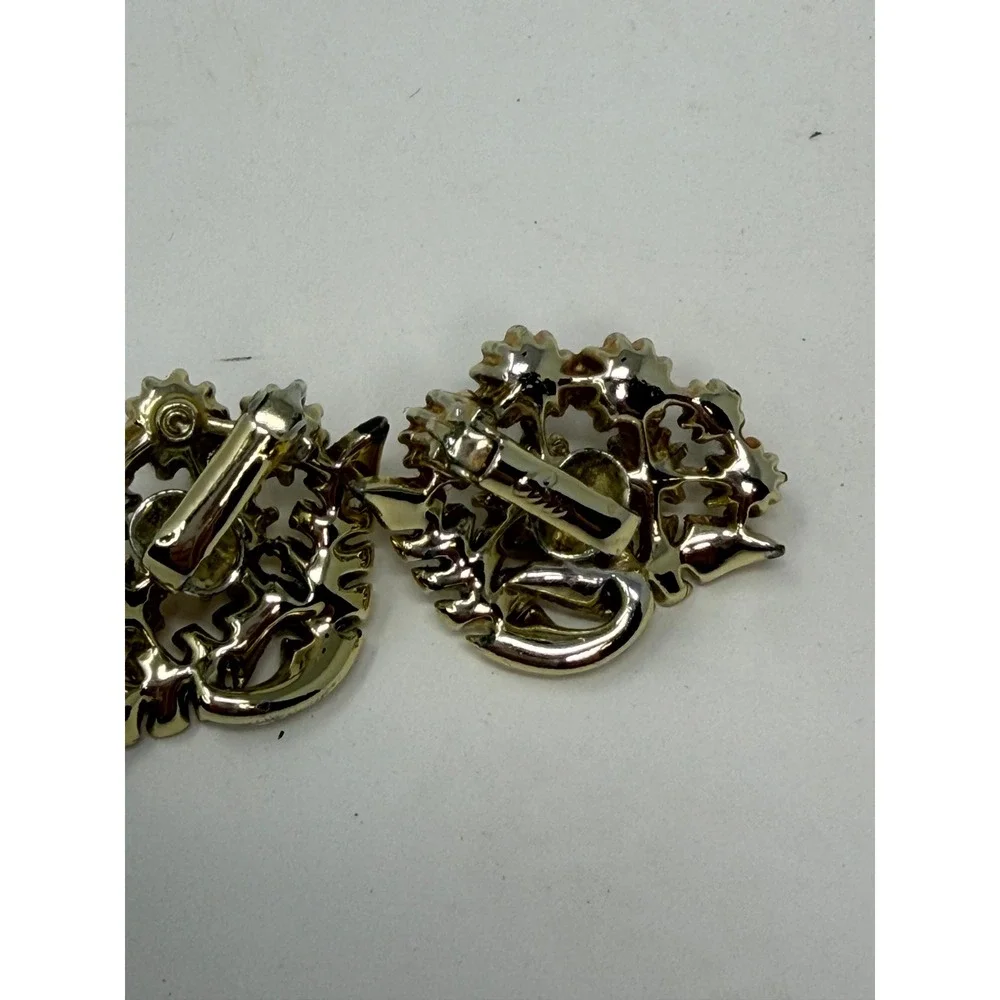 Vintage Coro Clip On Earrings Gold Tone Faux Pearl Floral Leaf Cluster Retro